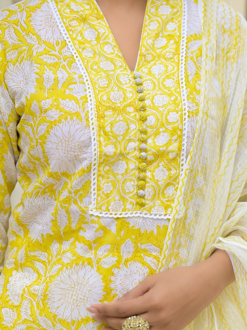 Yellow Hand Block Print Cotton Straight Kurta Pant Set with Dupatta Plus Size