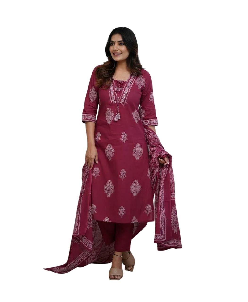 Women’s Pure Cotton Printed with Handwork Kurta with Pants and Dupatta Set