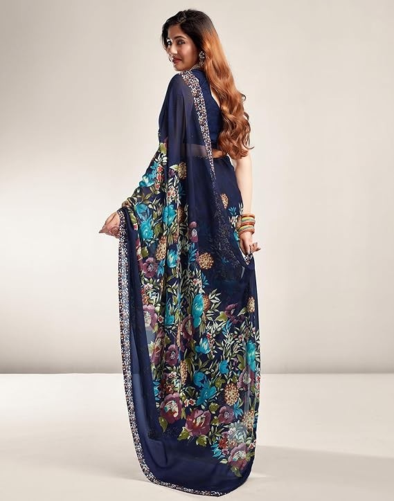 Women’s Floral Printed Georgette Saree with Unstitched Blouse Piece