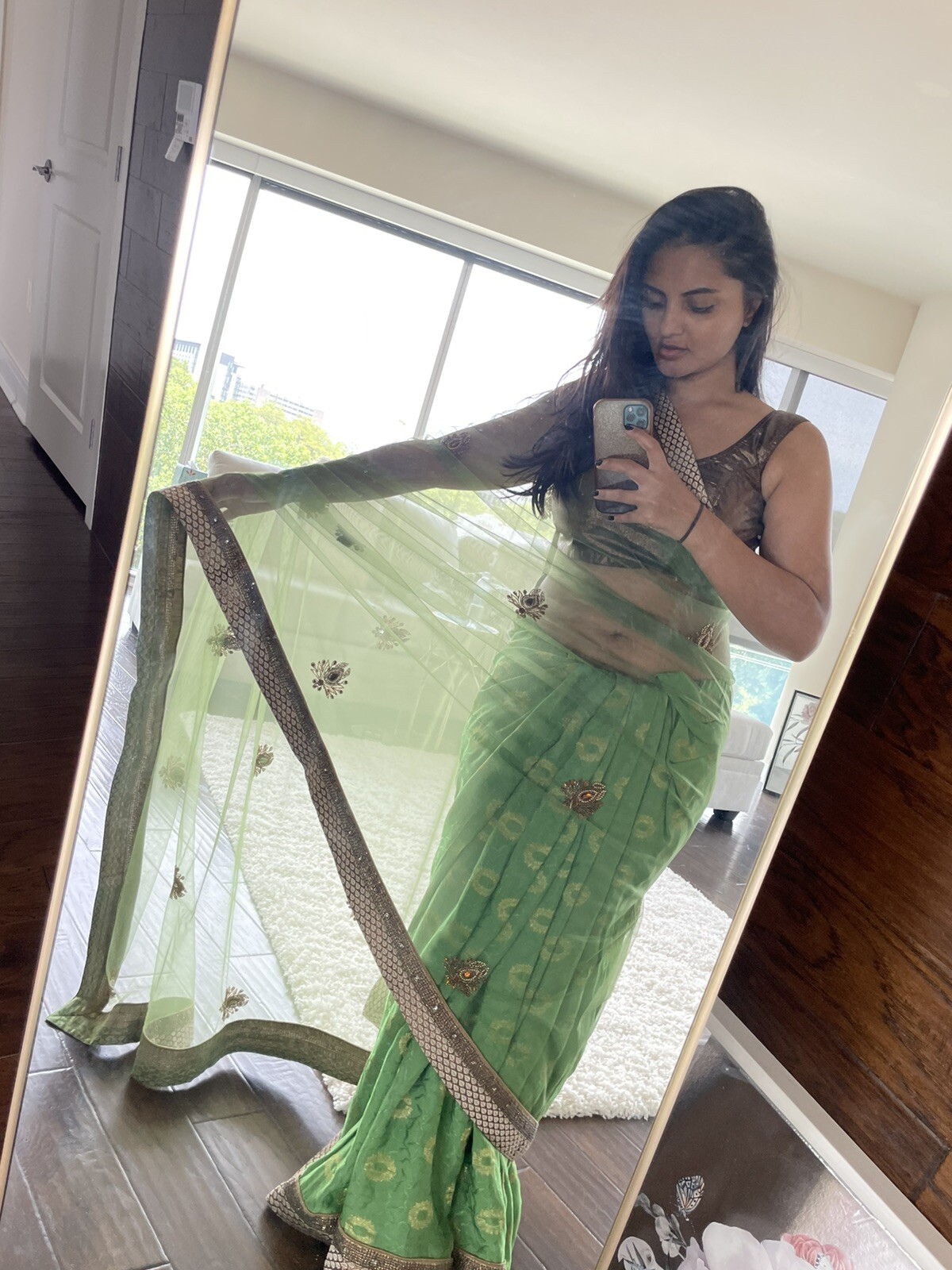Green Sheer Saree/Sari Gold Sparkly Design On Each Side About 63″ x 175″