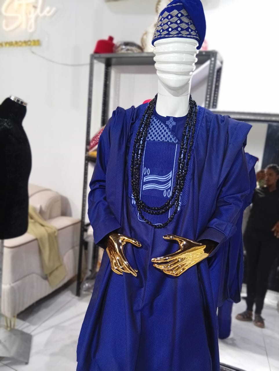 African Men kaftan/ Agbada set Blue kaftan embroidered free size.