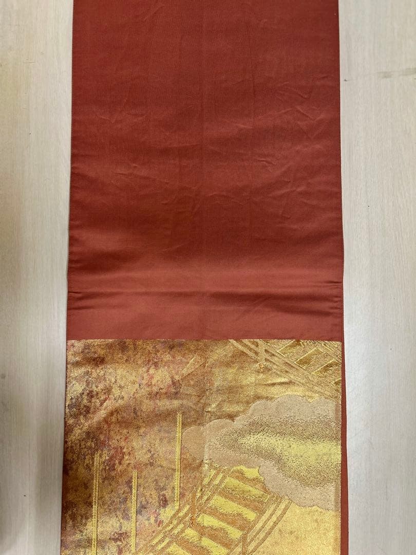 Japanese Silk Fukuro Obi Brown Gold Bridge Landscape 445cm Kimono Sash