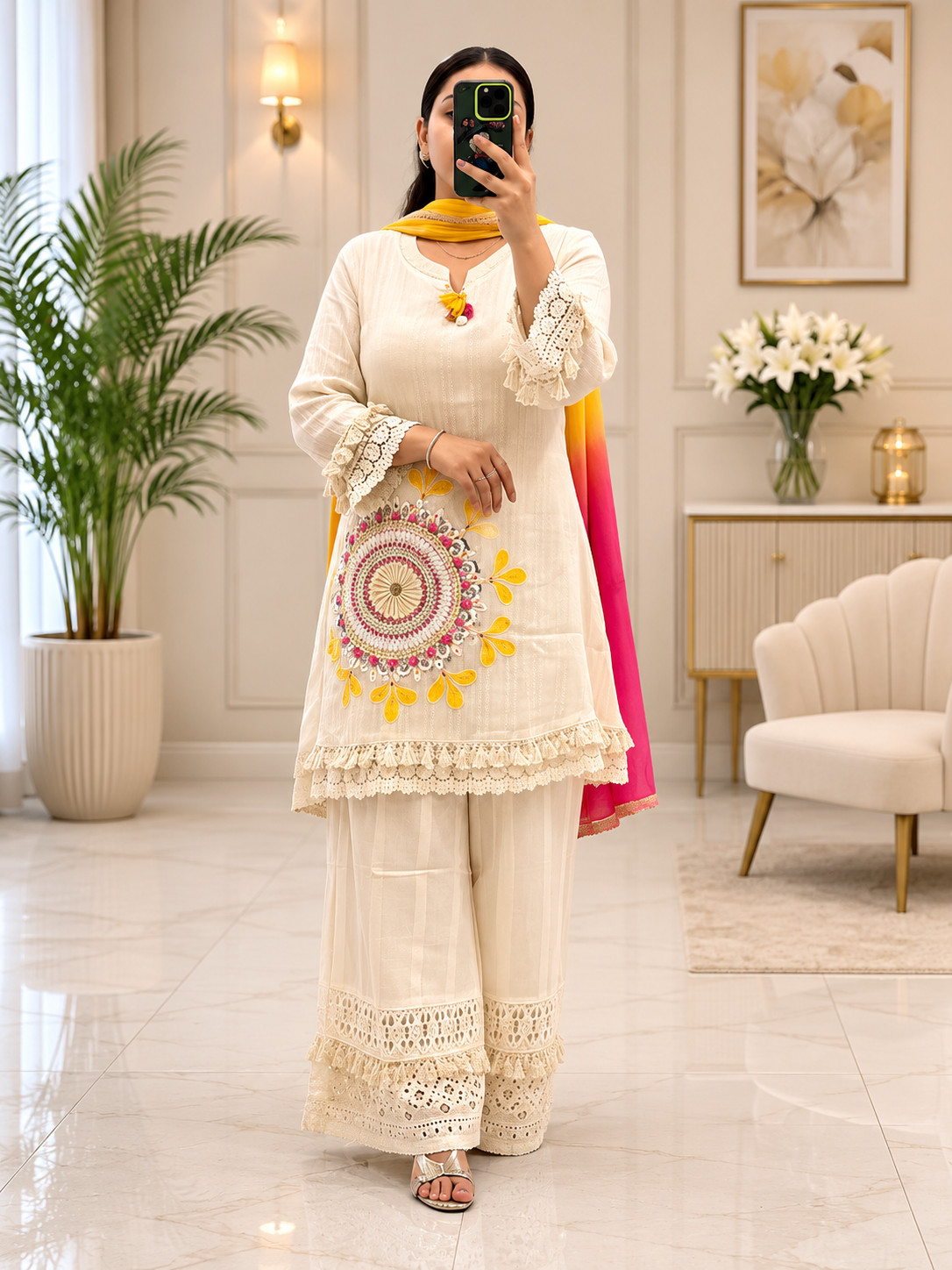 White Cotton Embroidered Kurta Set with Ombre Dupatta, Indian 3 Piece Suit