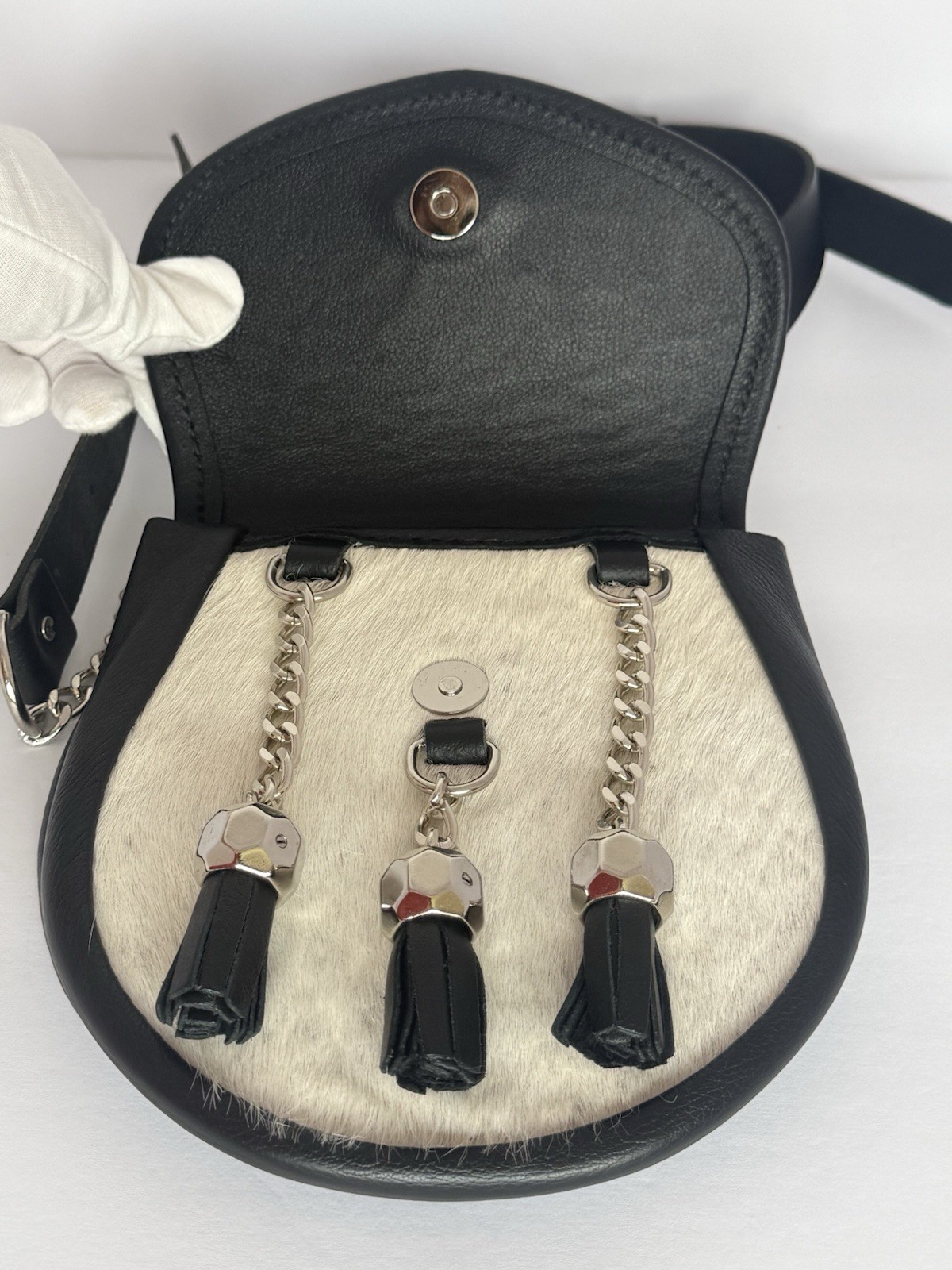NIXEY Black & Cream Leather Sporran Chain & Tassels Crossbody Waist Shoulder