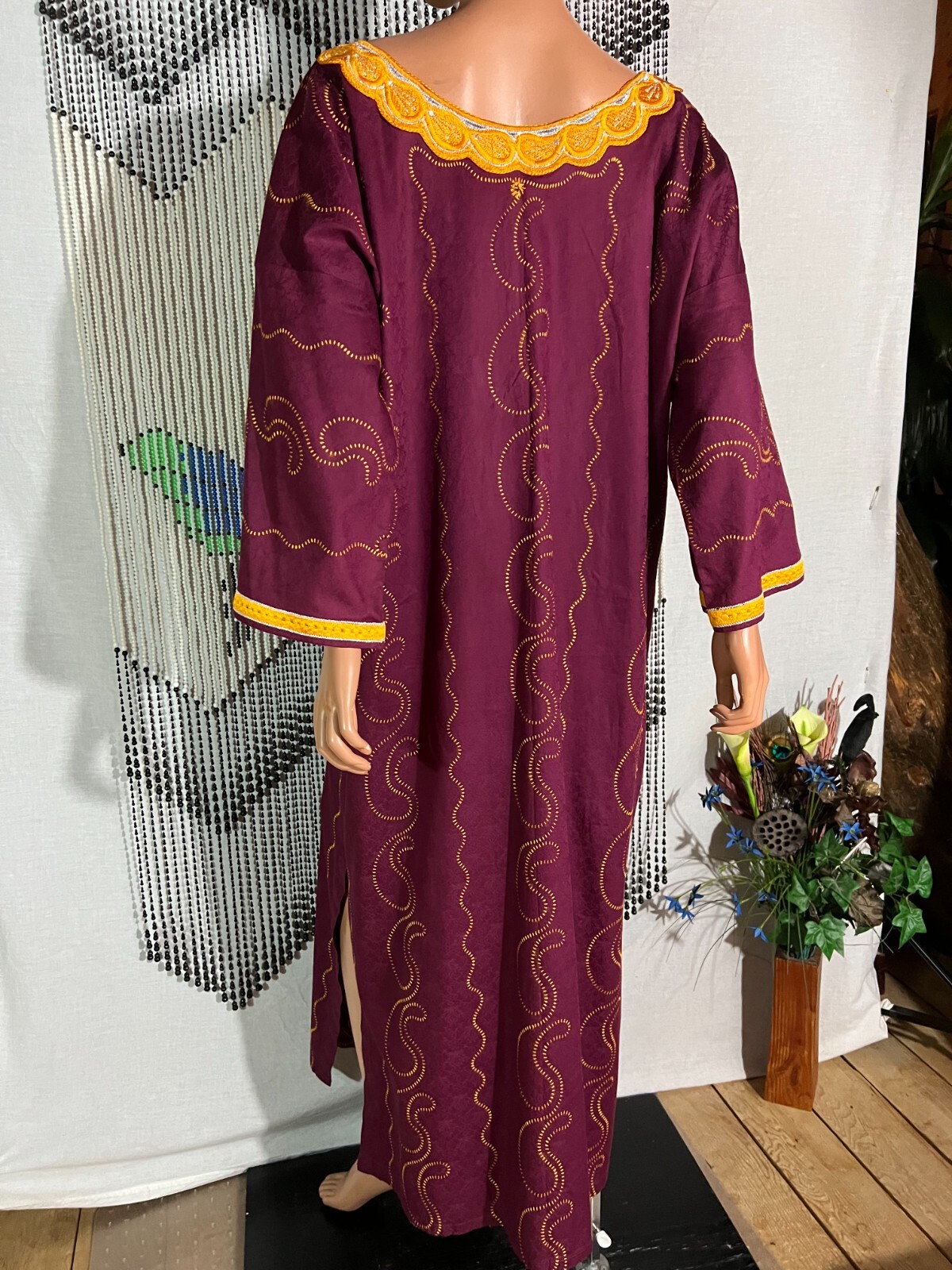Unisex Men Women Kaftan Long Robe Gnana Africa Burgundy Embroidery Free Chest 56