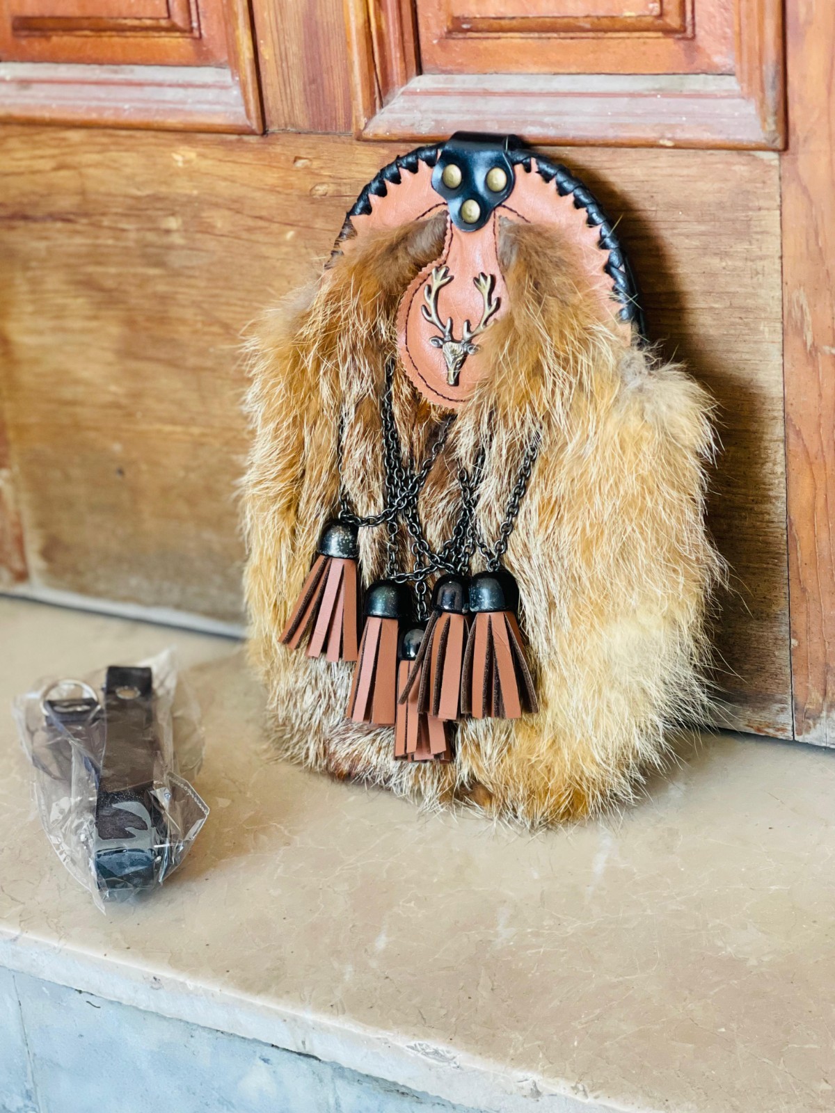 Scottish stag head fur sporran Handmade Kilt sporran With Chain