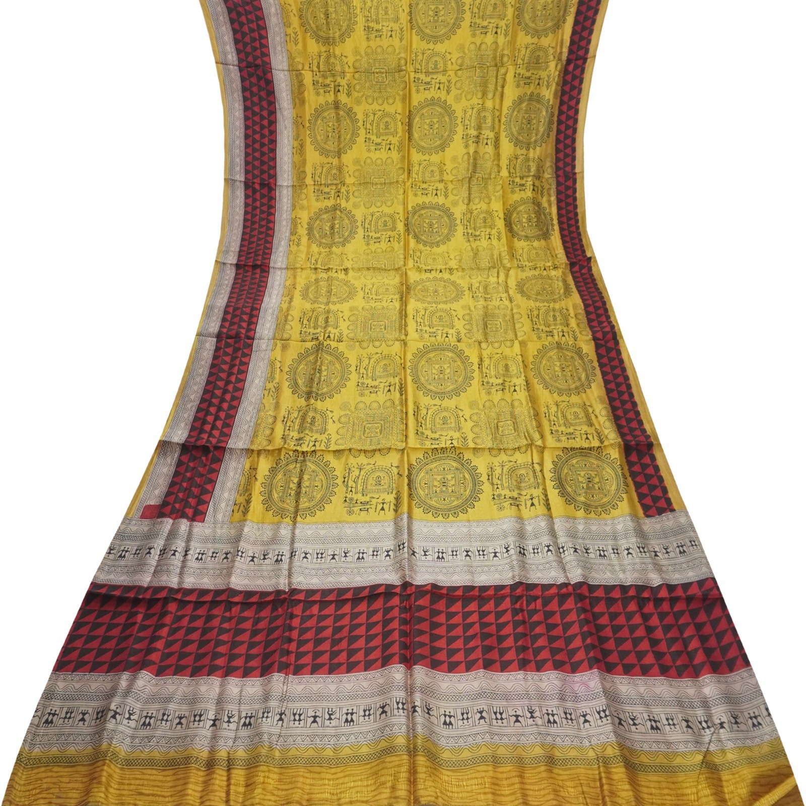 Namaste Vintage Amber Sarees 100% Pure Silk Warli Printed Sari 5YD Craft Fabric