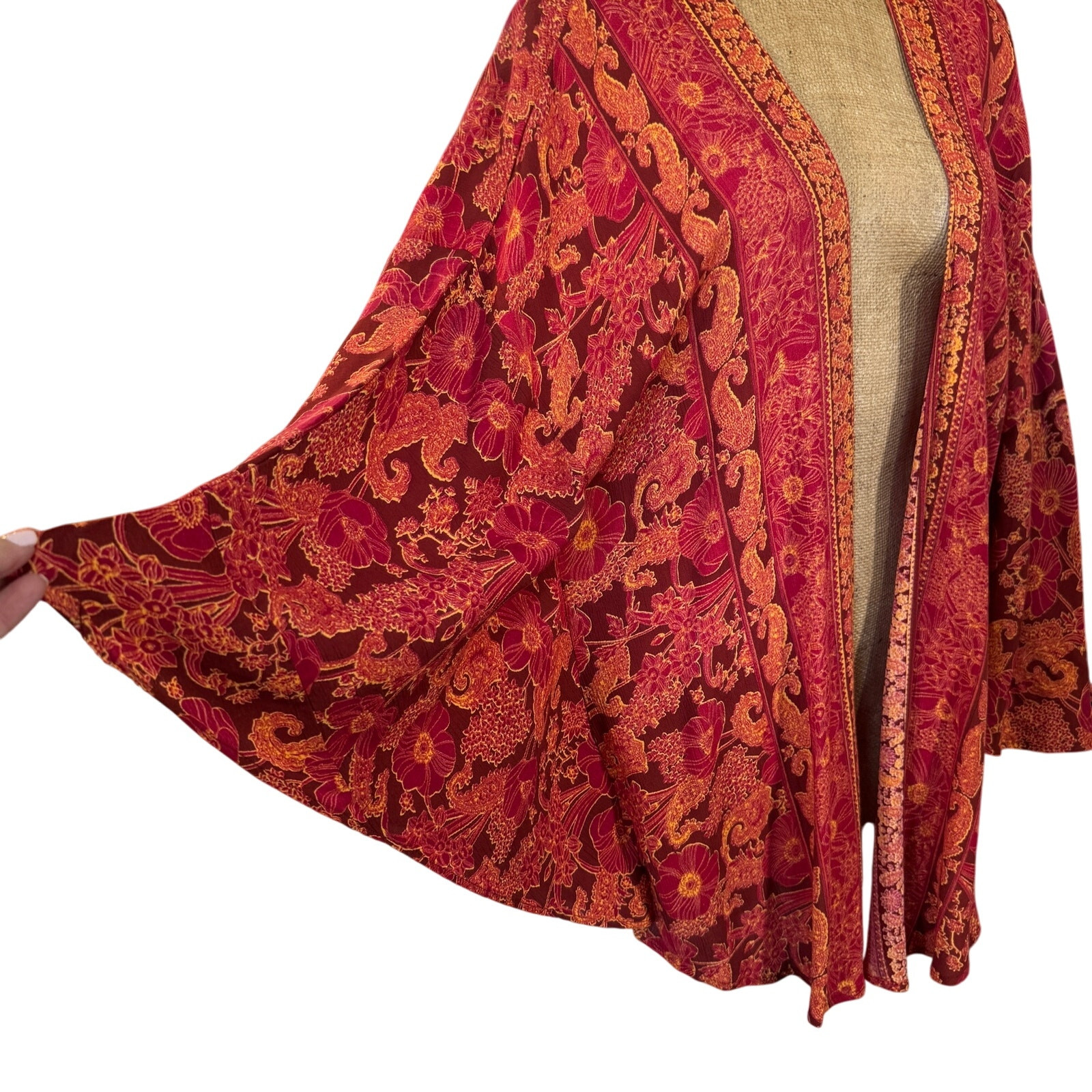 Angie Flyaway Kimono Crimson Size Large EUC Beach Boho Swim Coverup Floral