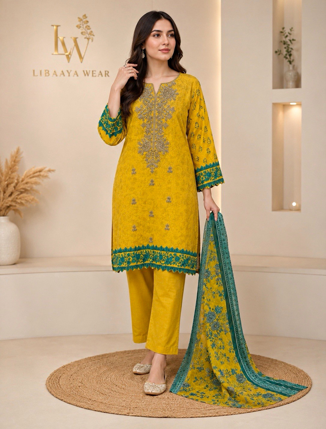 LIBAAYA Wear Women’s 3-Piece Lawn Cotton Salwar Kameez Dupatta Yellow L