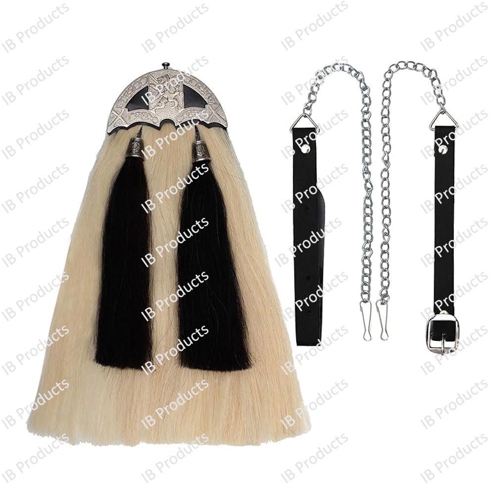 White Horse Hair Sporran Rampant Lion Badge 100% Original Two Black Tassels Long