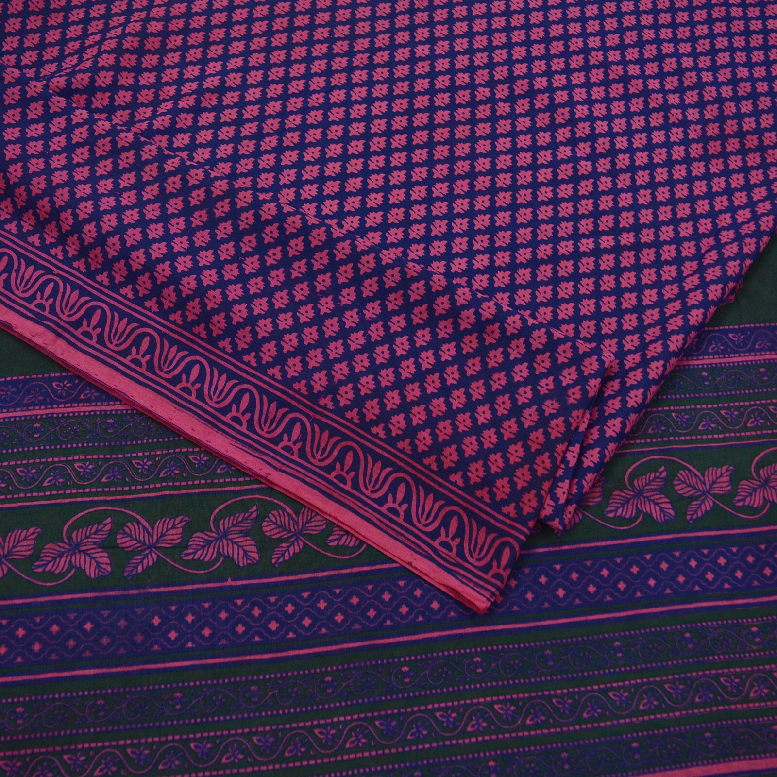 Indian Vintage Sari Blue & Black Pure Chanderi Cotton Hand Block Printed Sarees