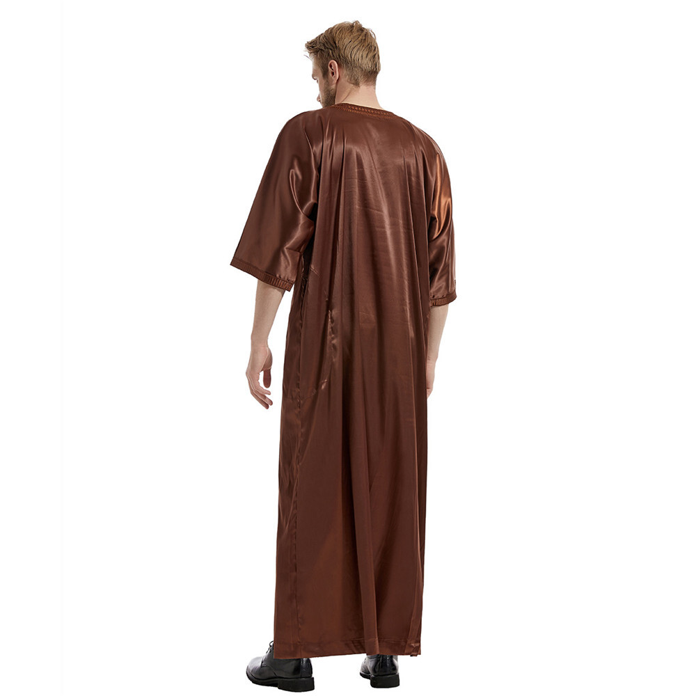 Muslim Islamic Men Thobe Satin Embroidery Kaftan Maxi Dress Saudi Jilbab Abaya