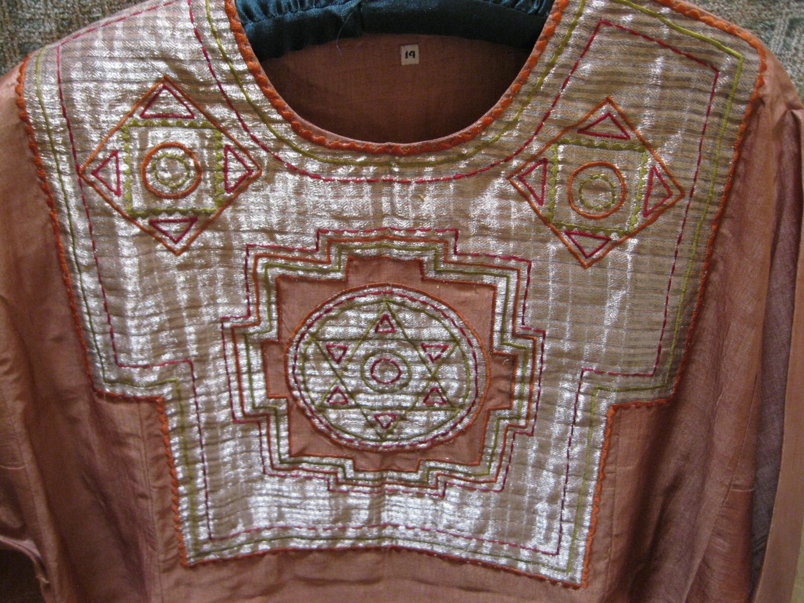 INDIA, SILK GARMENT SZ. M., MANGO COLORED W/ GOLD THREAD FRONT, 3/4 SLEEVES