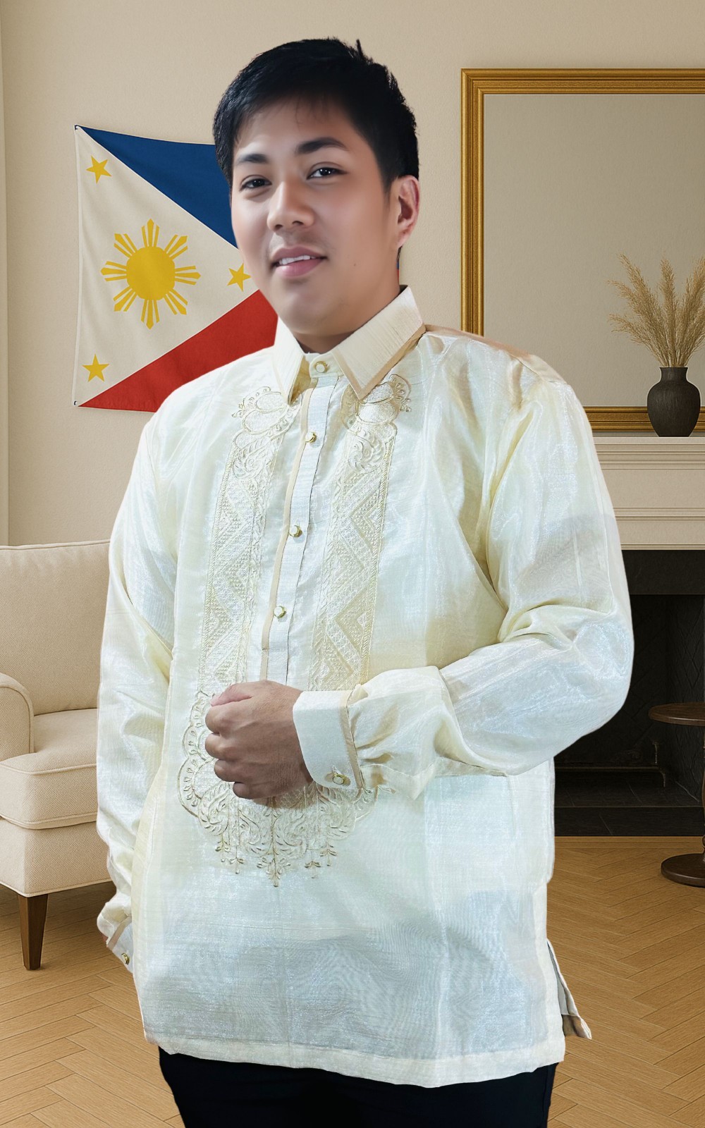 White Long Sleeve Organza Barong Tagalog
