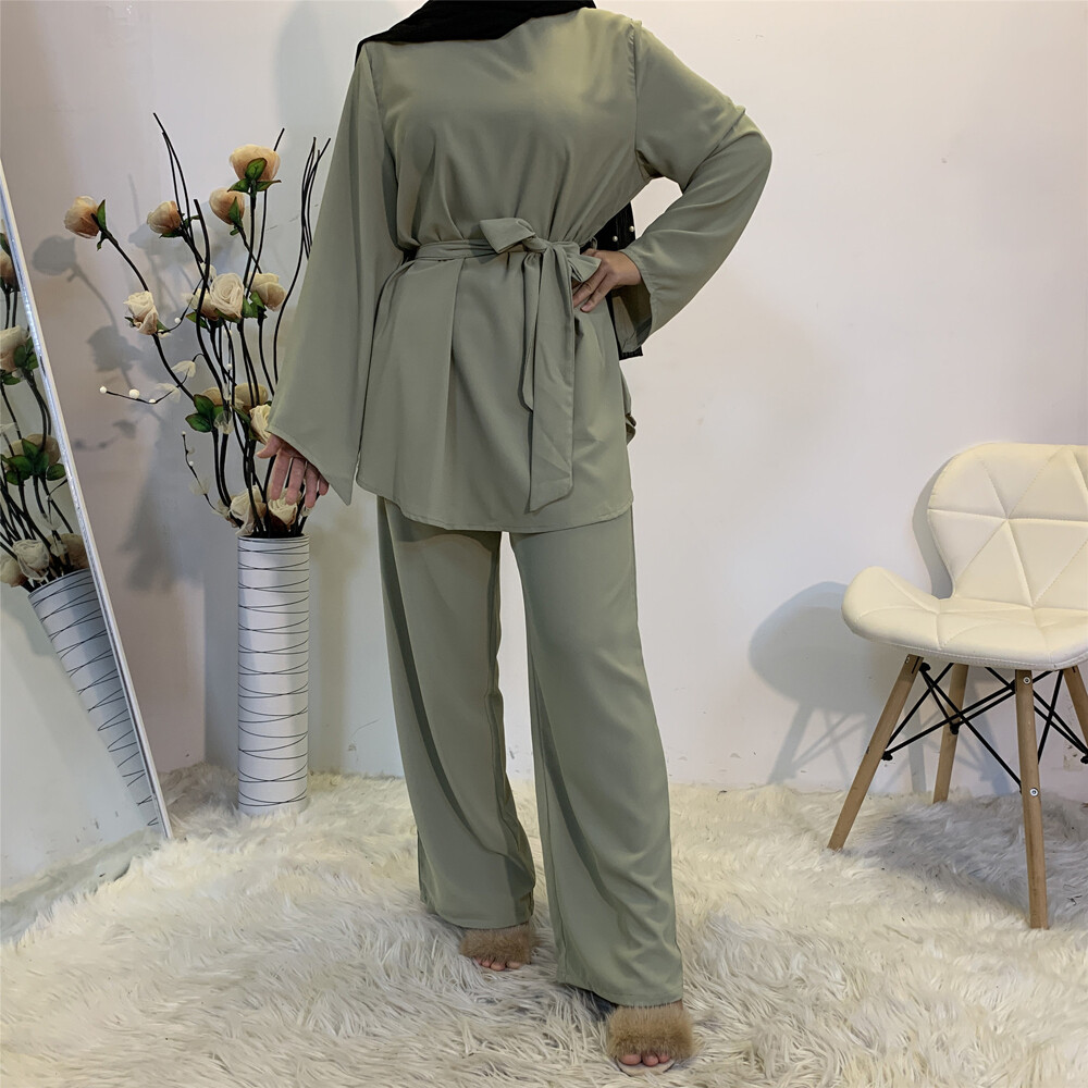 2 Piece Set Muslim Women Casual Long Sleeve Tops Blouse Wide Leg Pants Abaya