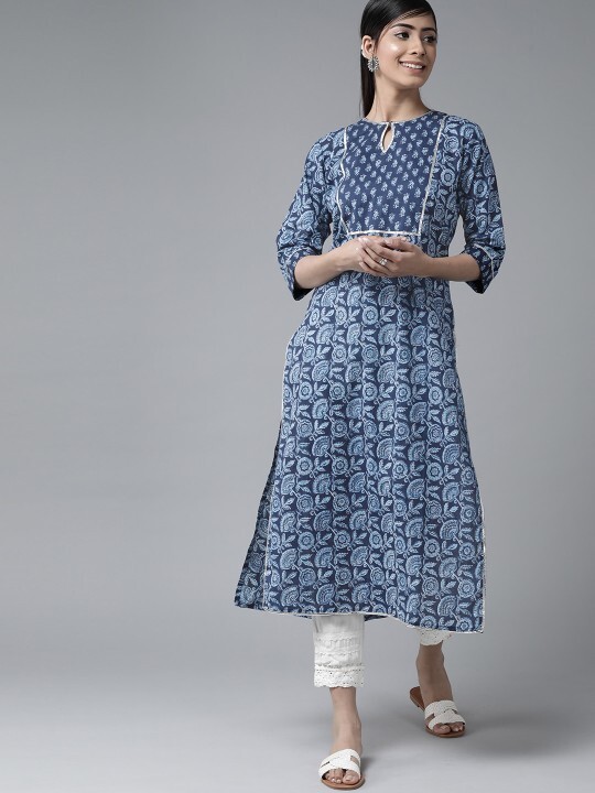 Women’s Blue Floral Printed Kurti Tunic S-2XL – Keyhole Neck Gotta Patti
