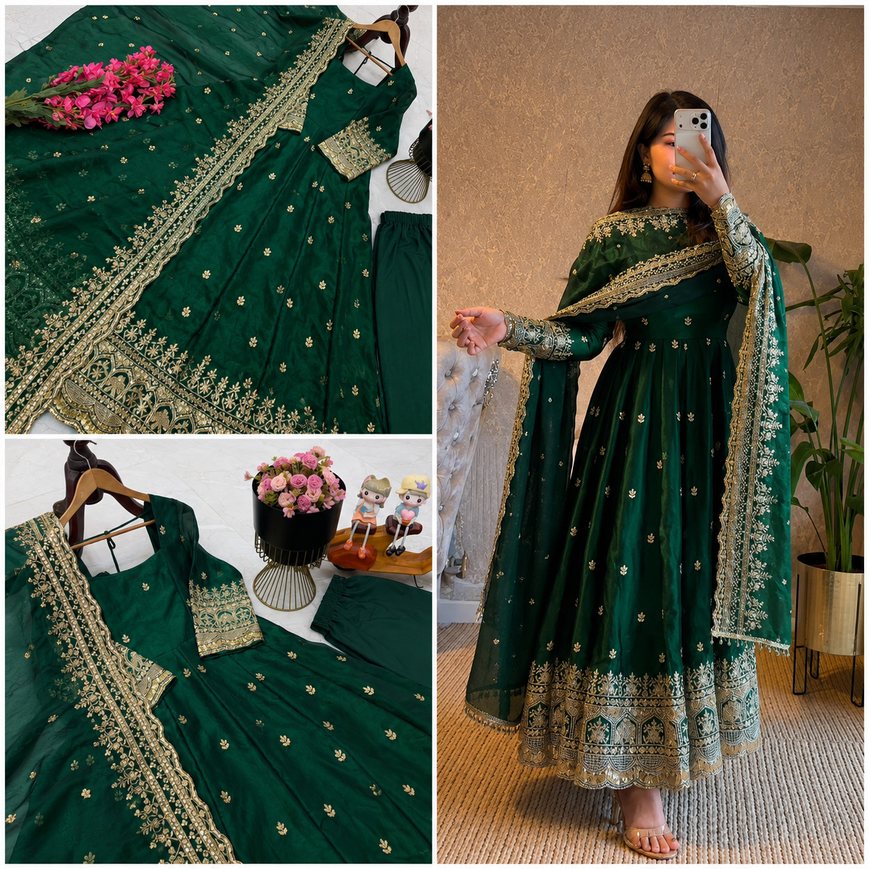 Green Fendy Silk Ready Made Heavy Embroidery Anarkali Suit Party Wear Dress XL