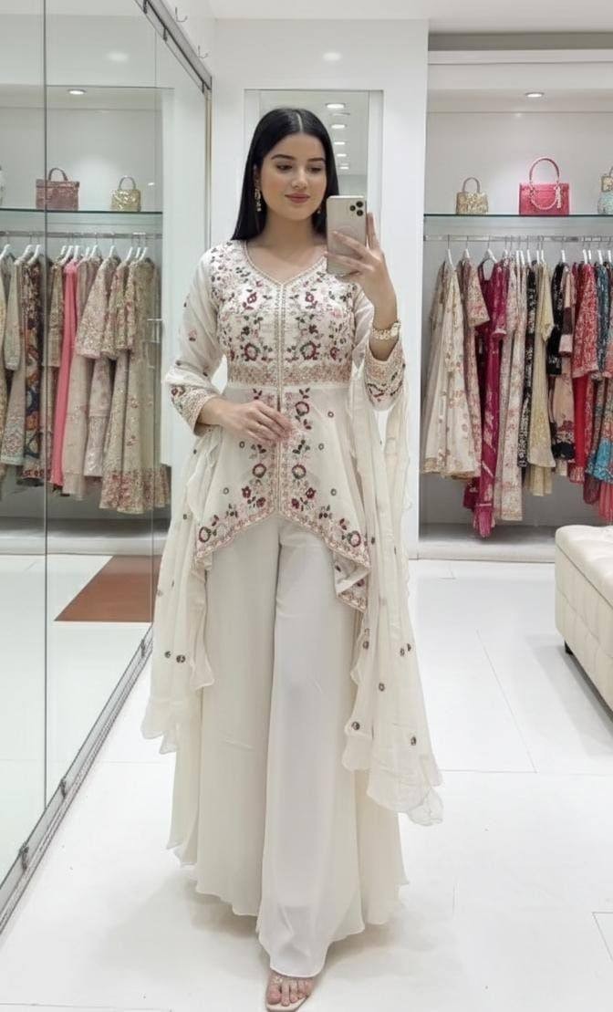 Latest Stylish Rangoli Silk White Top Palazzo With Dupatta For Festival Wear