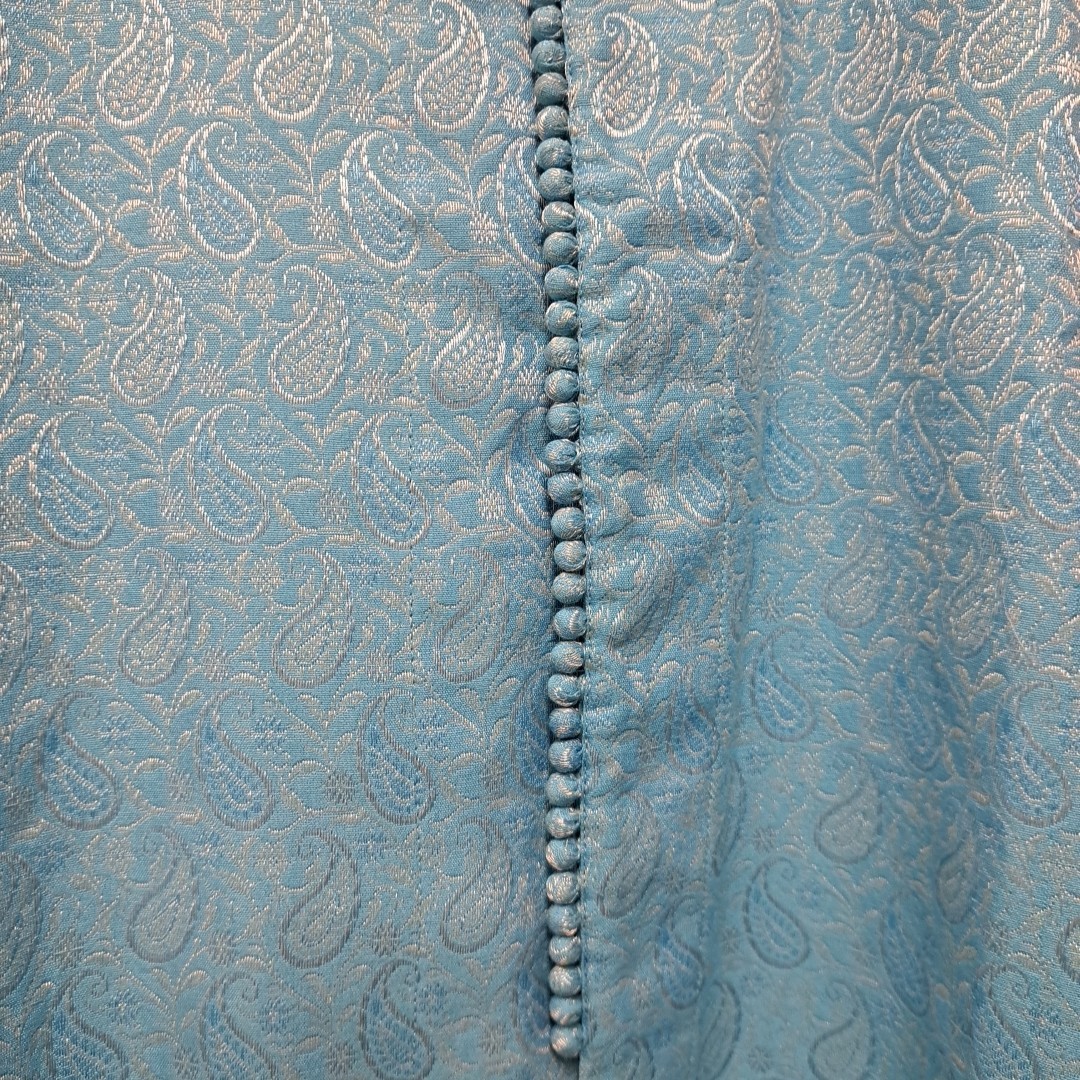 NWT Manyavar Kurta Mens Medium M 38 Blue Paisley Jacquard Silk Indian Pakistani