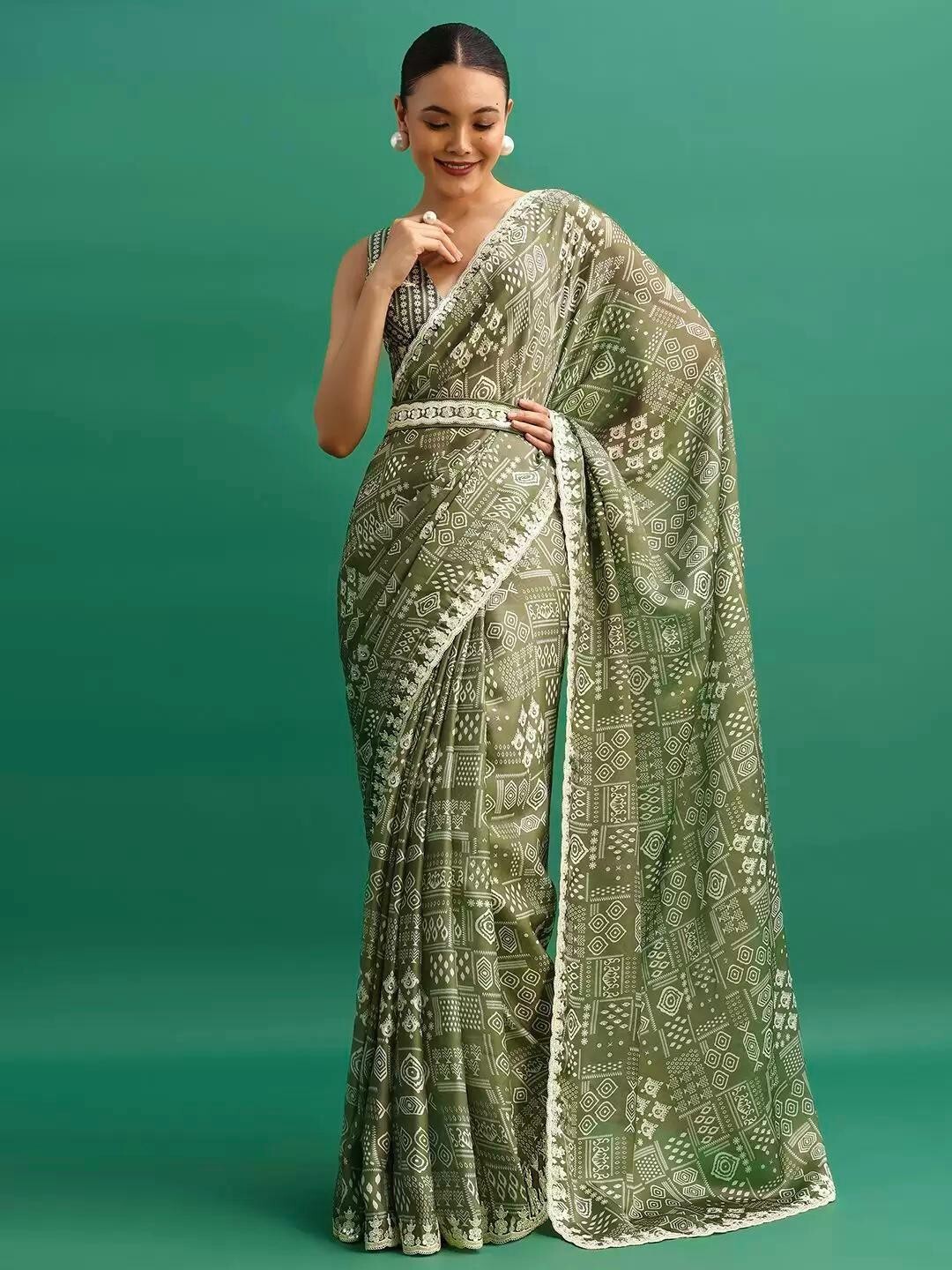 Indian Digital Print Party Saree Sequins work Embroidered Ethnic Sari blouse