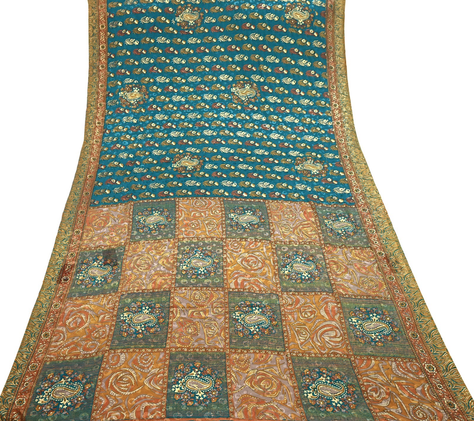Indian Vintage Sari Moss Crepe Printed/Painted Saree Floral 5 Yards Soft Fabric