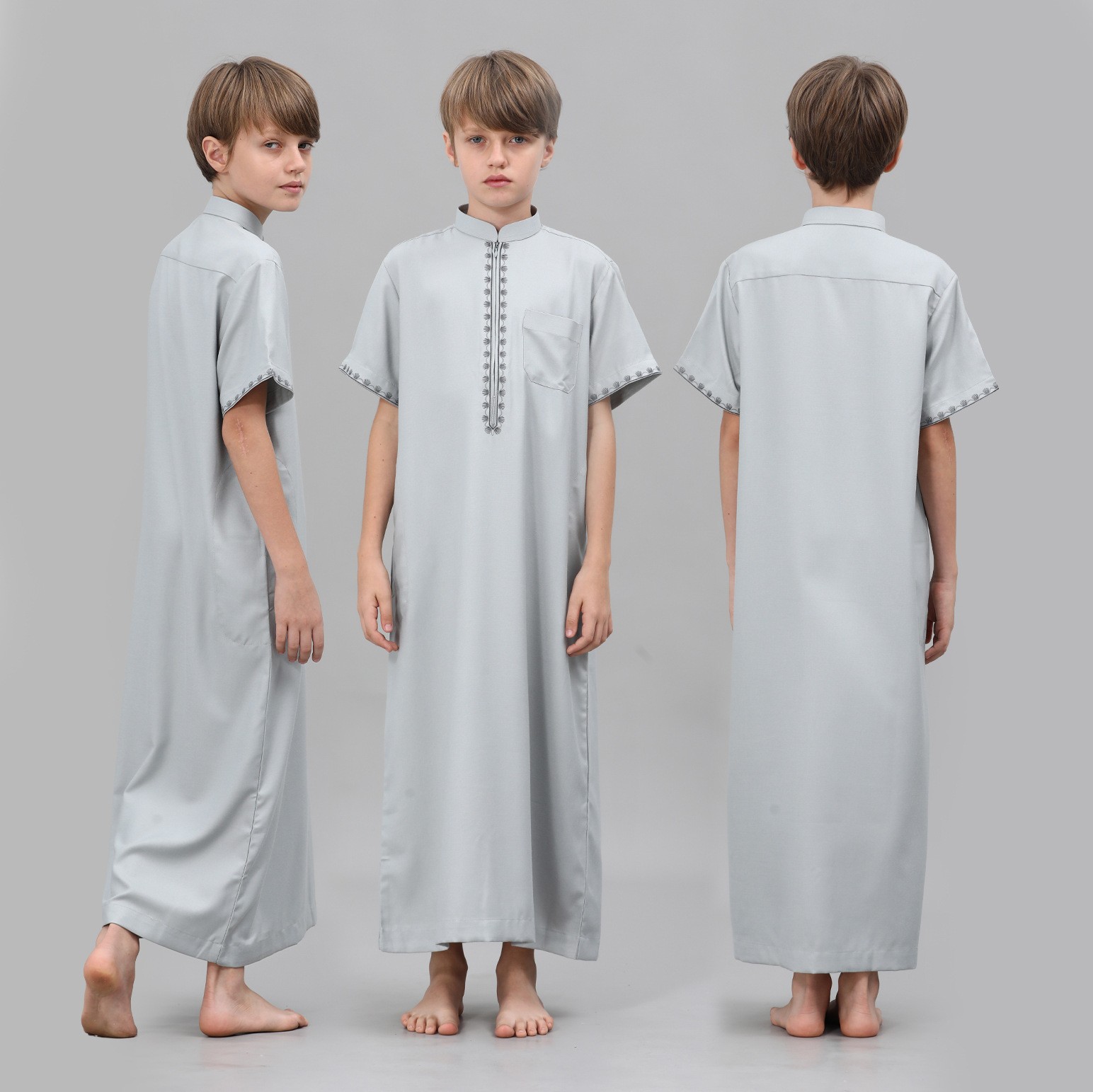 Muslim Boys Short Sleeve Jubba Thobe Embroidered Dress Islamic Abaya Robe Dubai