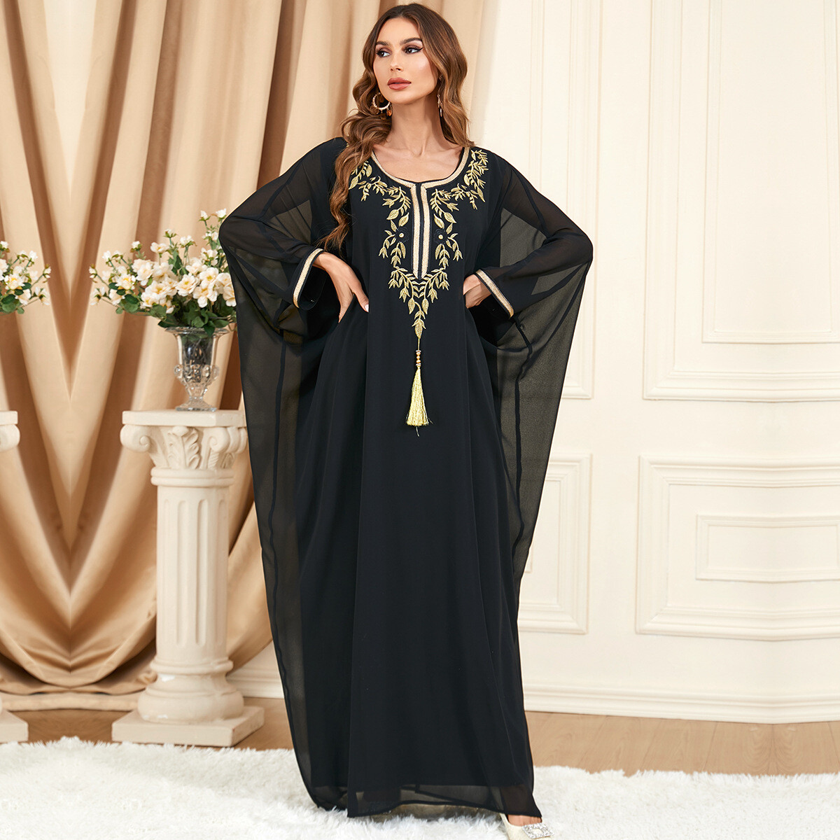 Muslim Dress Embroidered Abaya Black Bat Sleeve Loose Arab Islamic Robe Jalabiya