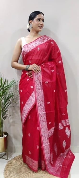 Women Kanjivaram Kanchipuram Soft Cotton Linen Silk Saree with Blouse Piece