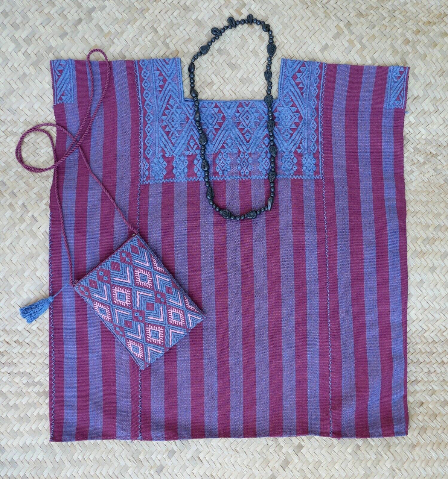 Huipil Top Mayan Blue & Plum Stripe Handwoven Backstrap Loom Chiapas Mexico