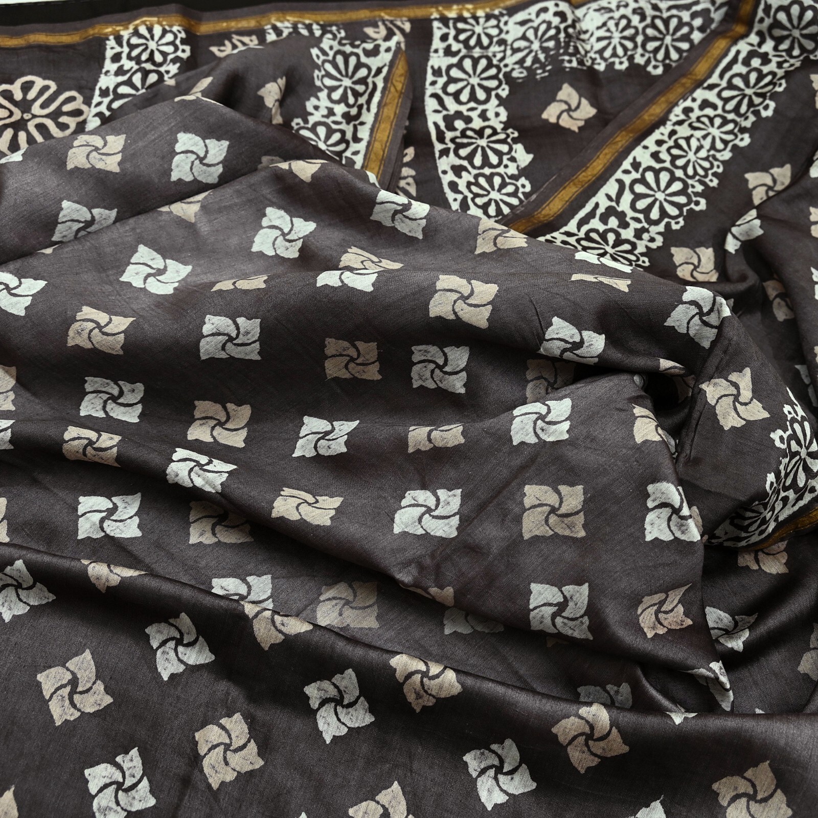 Indian Vintage Sari Brown & Ivory Pure chanderi Silk Block Printed Sarees Fabric