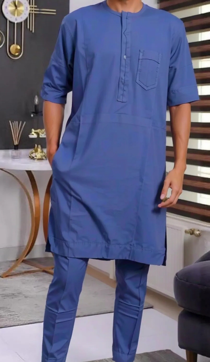 Men,s Classic African Traditional Short Sleeve Shirt and Pant Two Piece