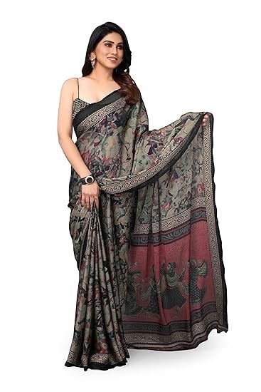 Women Saree Ethnic Motif Print Chiffon | Breathable Lightweight Plain Weave Sari