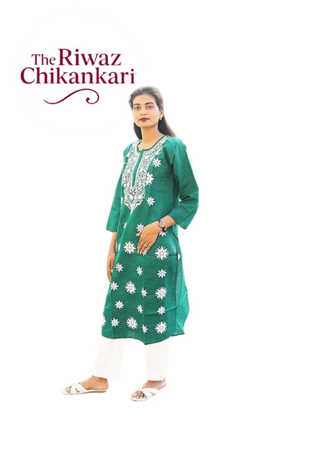 Green Chikankari Kurti for Women | Hand Embroidered Lucknowi Kurta
