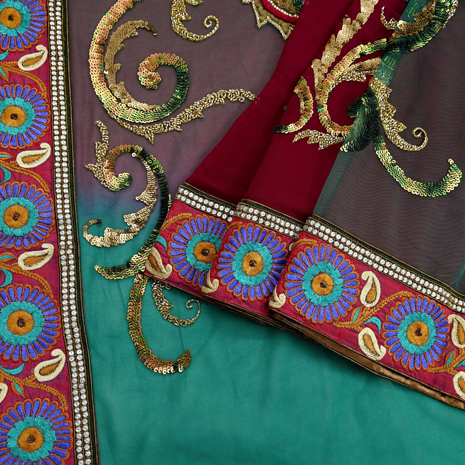 Vintage Heavy Sari Net/Georgette Silk Hand Embroidered Sarees Craft Fabric 6Yd