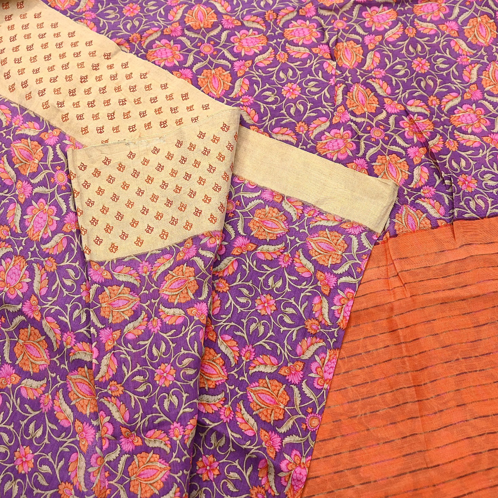 Vintage Purple orange Pure Khadi Silk Saree 5Yd Handloom Indian Sari Soft Fabric
