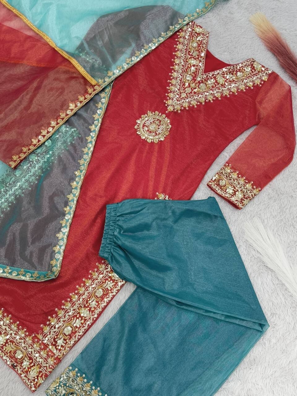 Indian Designer Red Twill Net Silk Kurta Palazzo With Dupatta For Reception