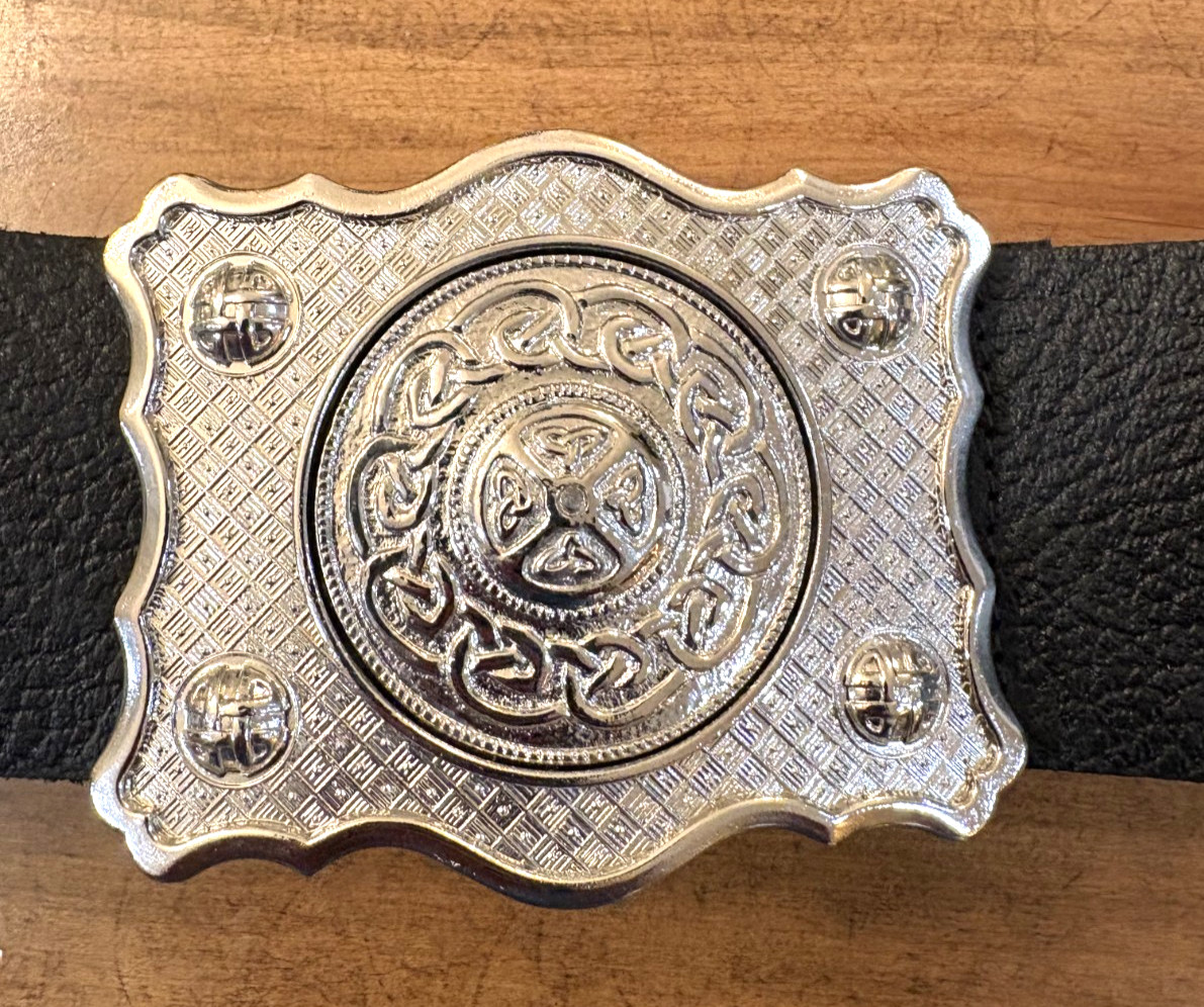 New Hector Russell Scotland Black Leather Kilt Belt Lg Silver Crest Buckle Sz 32