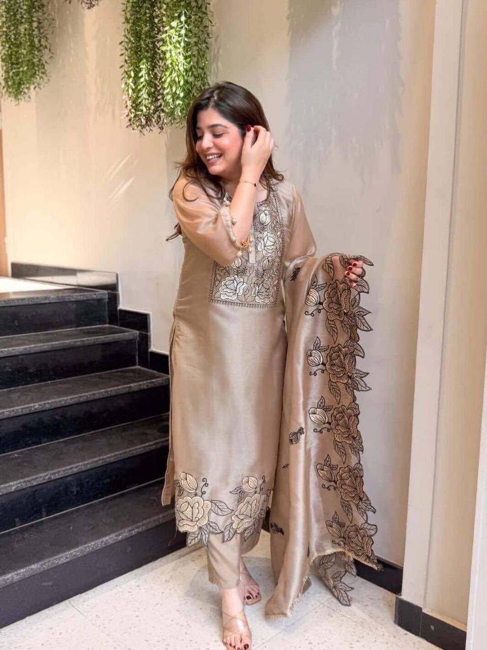 Stylish Look Mul Chanderi Beige Salwar Kameez With Dupatta For Function Wear