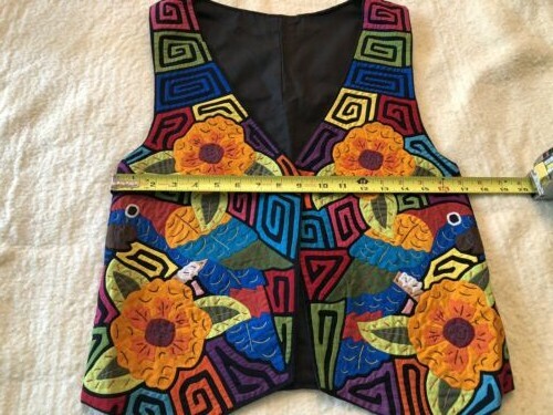 Colorful Panama Mola Vest Handmade appliqued Parrot flowers – unisex large