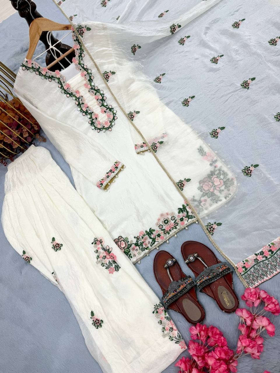 Presenting Off White Silk Top Palazzo With Dupatta For Indian Party Wear