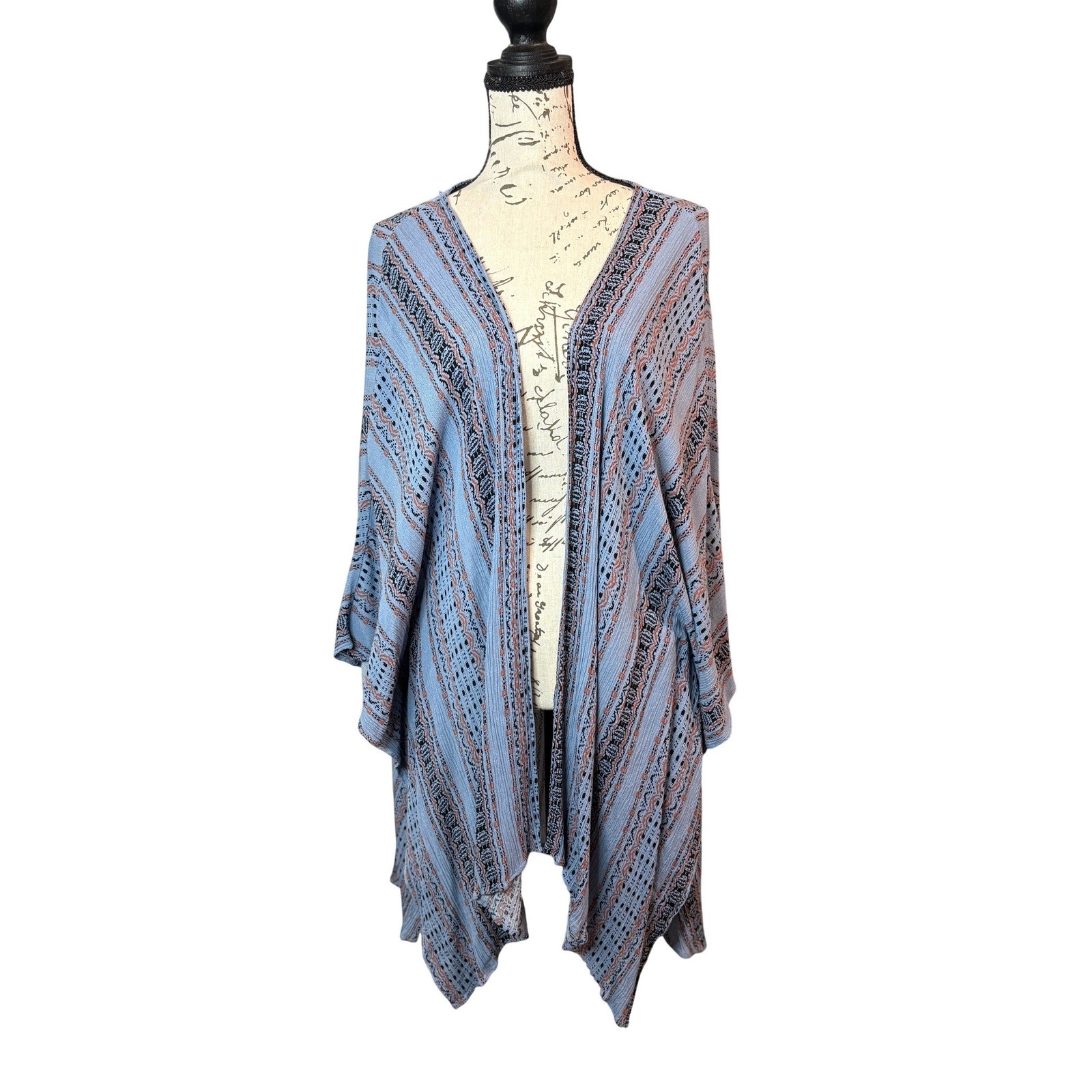 La Miel Blue Printed Kimono Cardigan Womens Medium Bohemian Open Front Cover Up