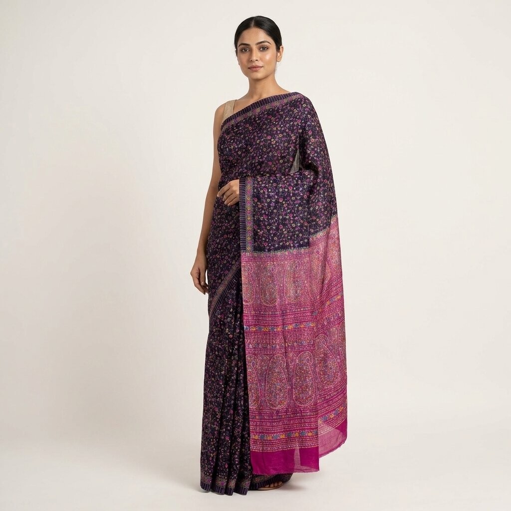 Sanskriti Vintage Saree Blue-Pink Pure Silk Floral Printed Sari 5.5+Yard Fabric