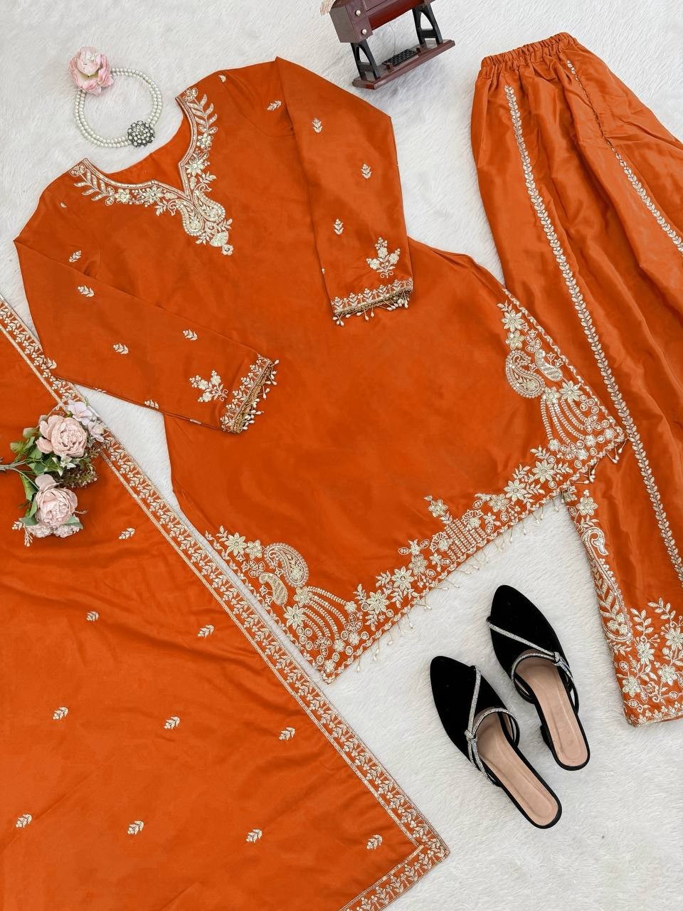 Natural Crepe Orange Top Palazzo With Dupatta For Indian Wedding Wear