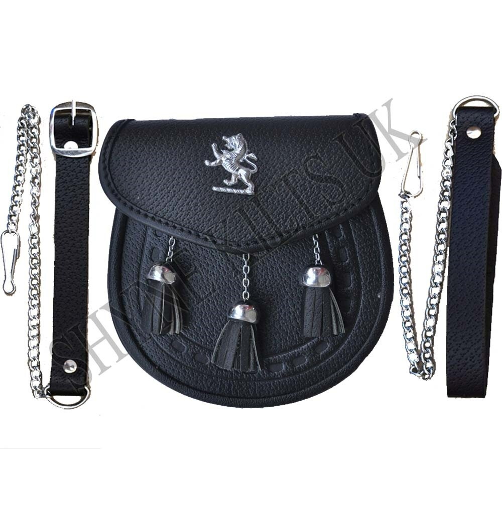 Lion Rampant Black Leather Sporran 3 Tassels Chrome