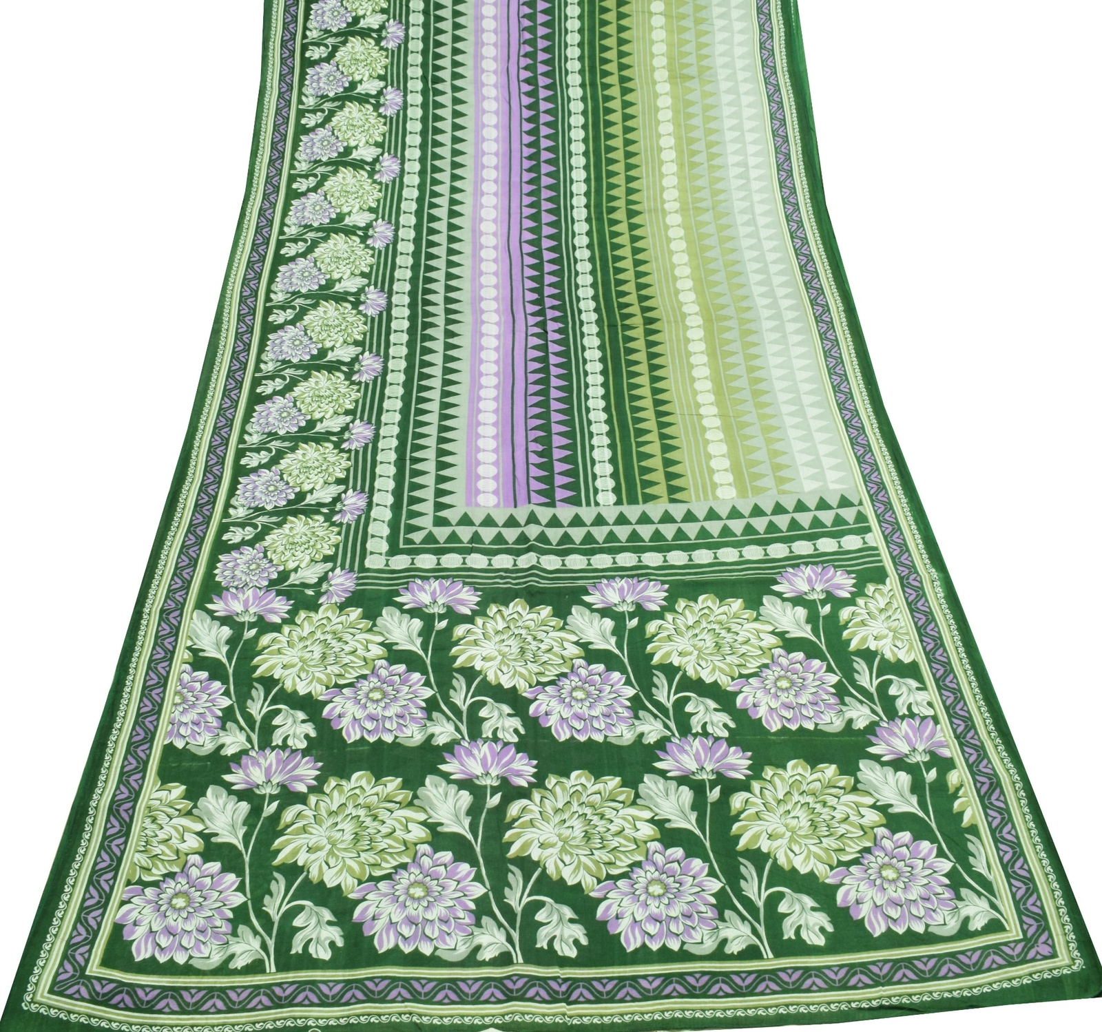 Sushila Vintage Green Purple Saree 100% Pure Cotton Printed Floral Craft Fabric