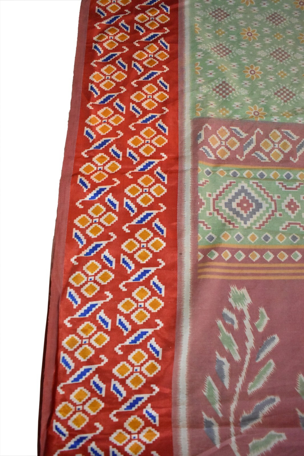 FNC Vintage Green Sambalpuri Ikat Sarees Handwoven Art Silk Sari Fabric Antique