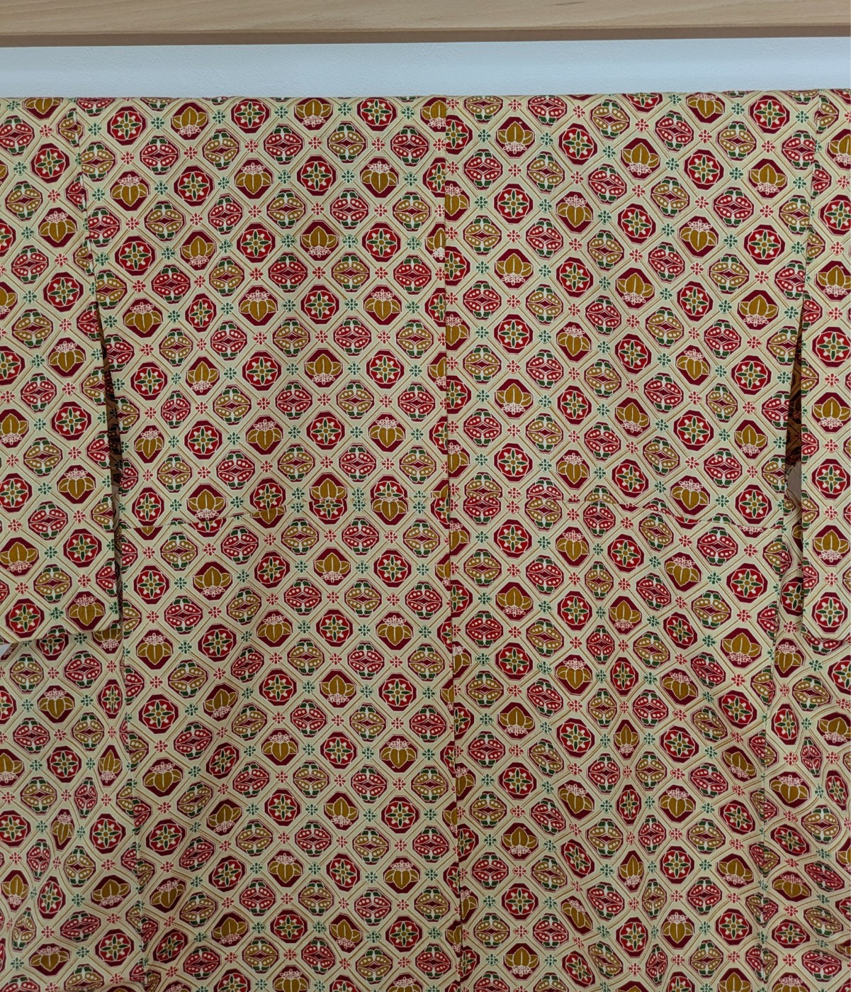 Vintage Japanese Kimono Robe Wool Hitoe Red Beige Geometric Floral Textile Art
