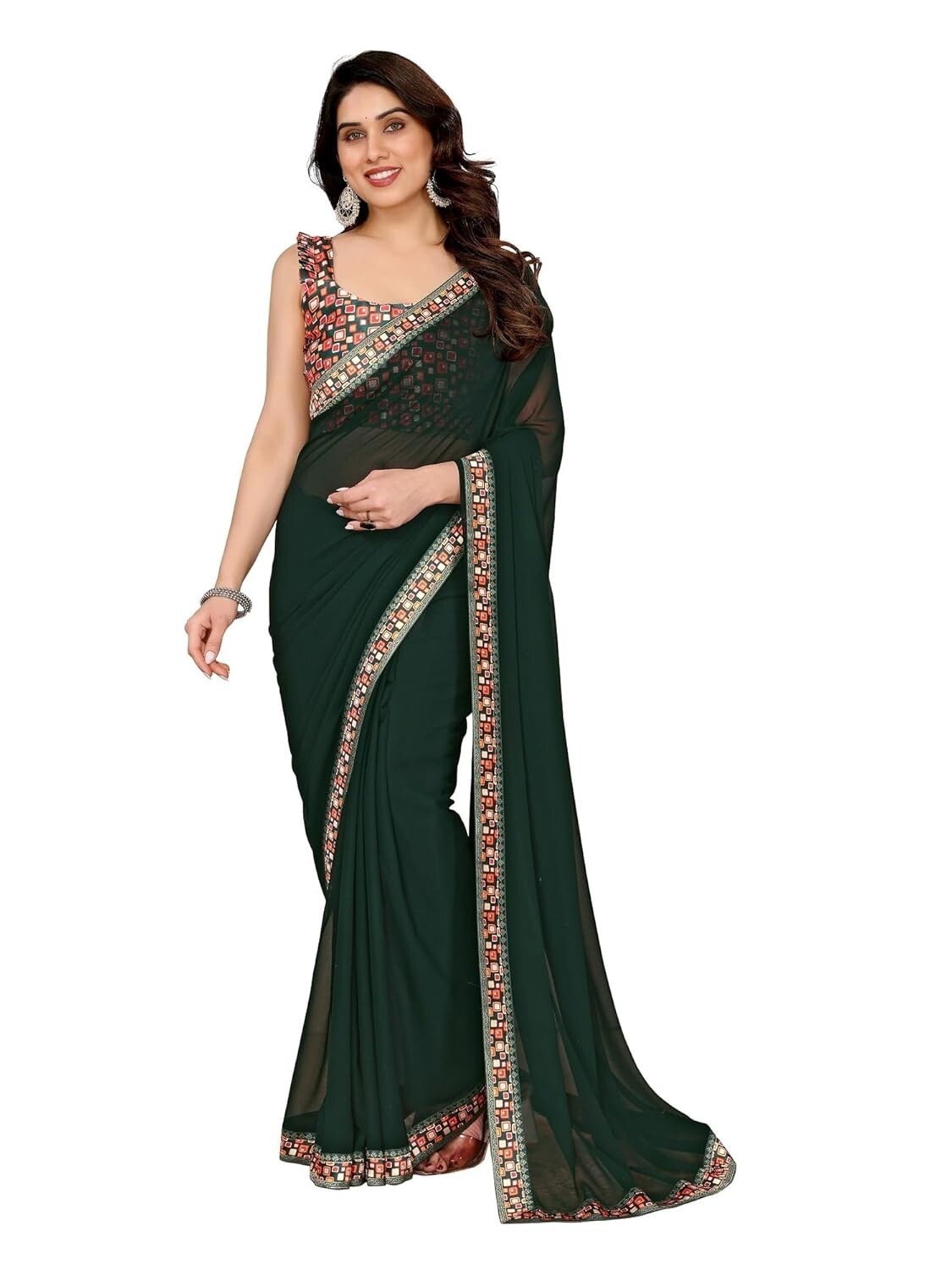 Soft Georgette Embelished Lace Work Saree With Blouse