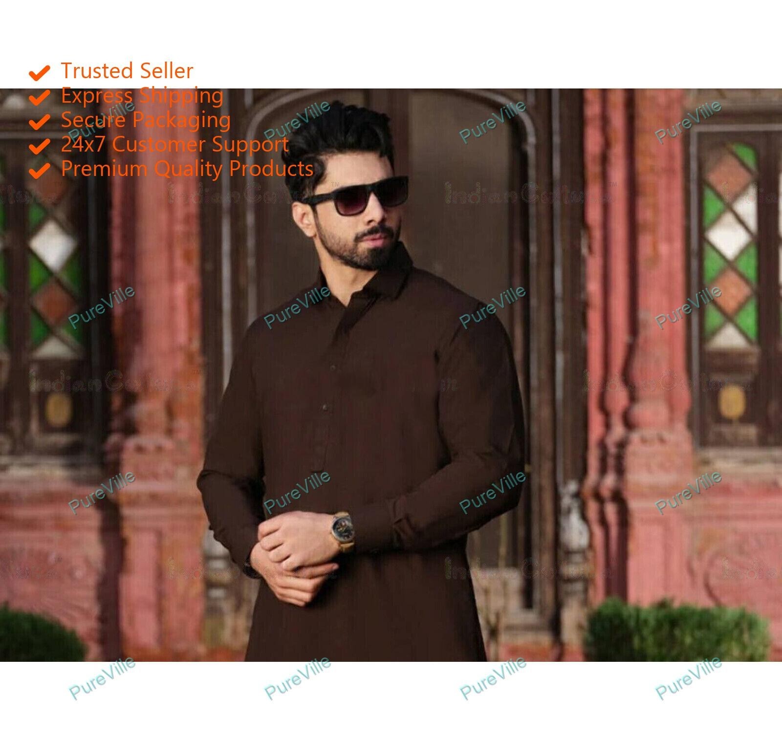 Mens Kurta Dark Brown Plain Traditional Ethnic Festival Mens Kurta For Gift
