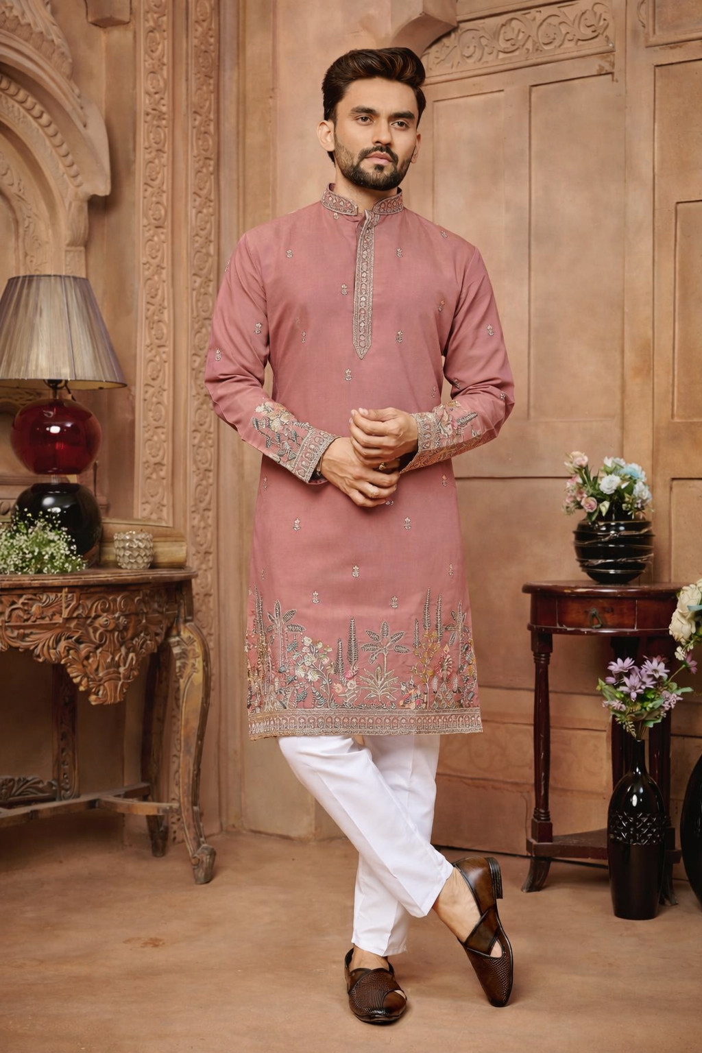 Designer Roman Shimmer Mens Kurta Pajama Luxury Silk Like Shine Ethnic Dress Set